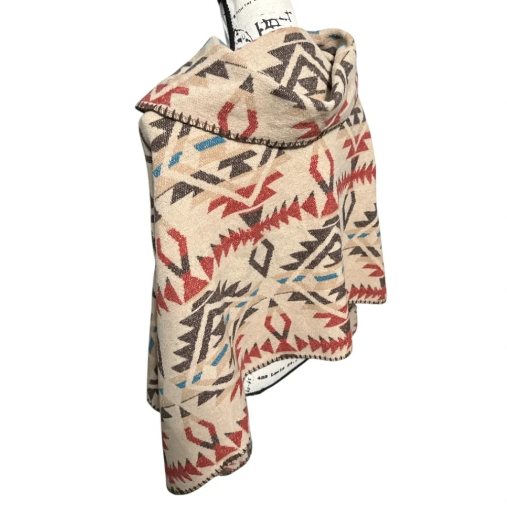 Southwestern Aztec Tribal Print Poncho Shawl Multicolor Boho Festival Wrap OS